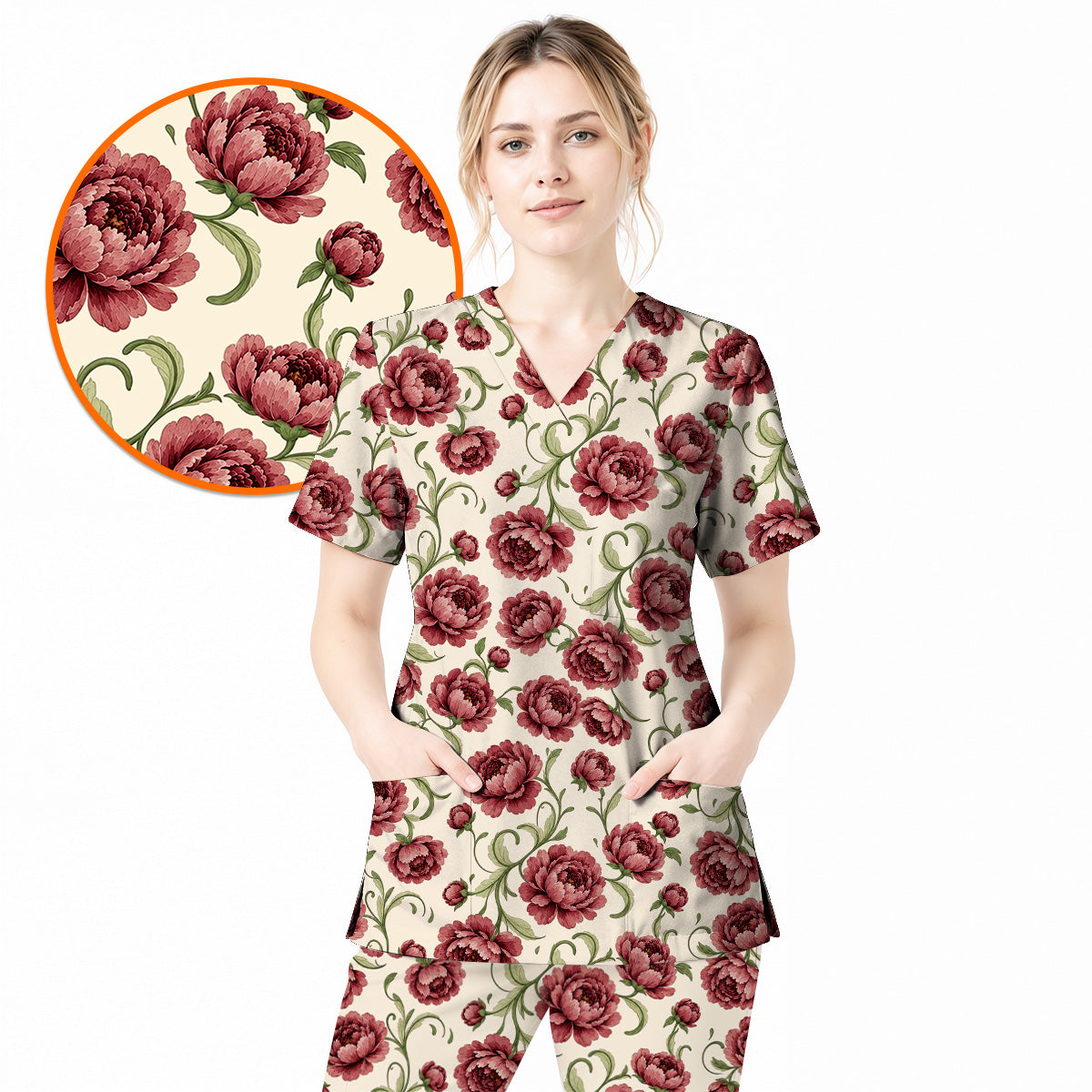 Peony Floral Pattern Scrub Top, Crazy Pink Peony Nurse Scrubs, Breathable Fabrics Nursing Uniform