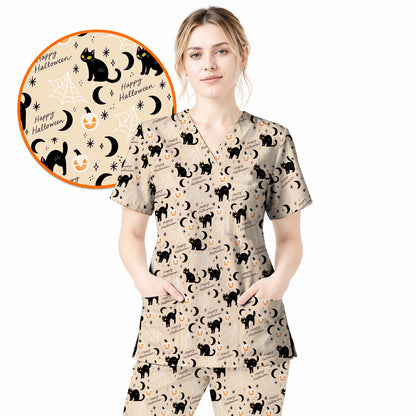 Black Cat Halloween Scrub Top, Cute Pumpkin Nurse Scrubs, Spooky Season Medical Uniform