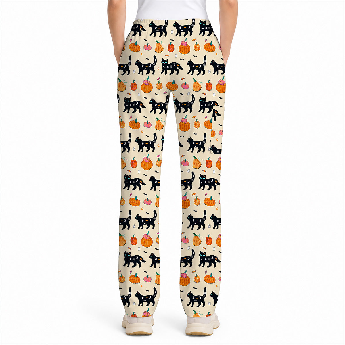 Halloween Black Cat Scrub Top, Pumpkin Cat Print Scrubs, Spooky Nurse Uniform