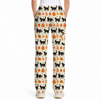 Halloween Black Cat Scrub Top, Pumpkin Cat Print Scrubs, Spooky Nurse Uniform