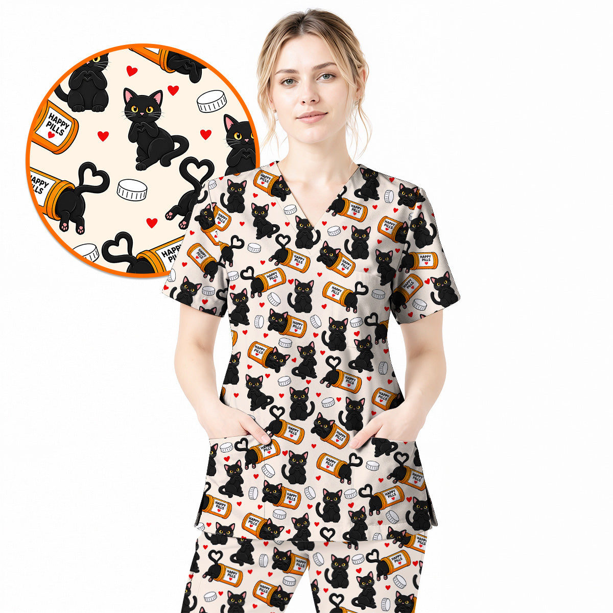Black Cat Happy Pills Nurse Scrub Top, Funny Pharmacy Cat Scrubs for Nurses, Cute Medical Nursing Uniform Gift