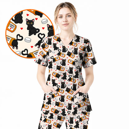 Black Cat Happy Pills Nurse Scrub Top, Funny Pharmacy Cat Scrubs for Nurses, Cute Medical Nursing Uniform Gift