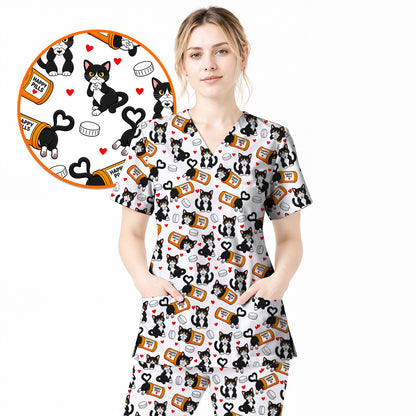 Cute Cat Nurse Scrub Top, Funny Happy Pills Medical Scrubs, Cat Lover Healthcare Uniform