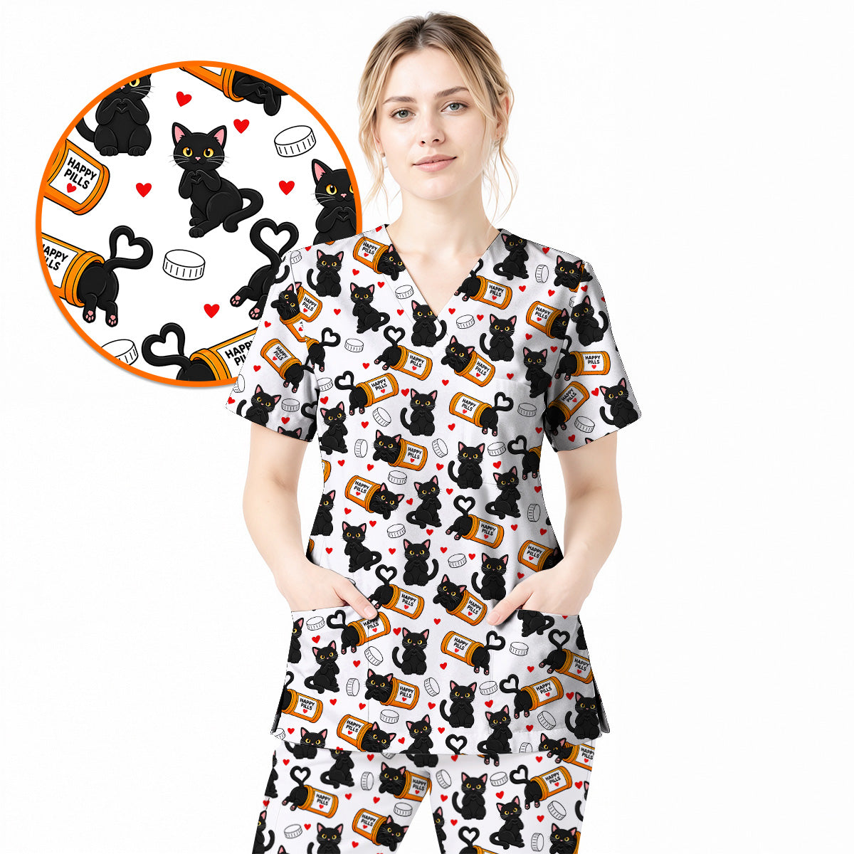 Black Cat Happy Pills Nurse Scrub Top, Funny Pharmacy Cat Scrubs for Nurses, Cute Medical Nursing Uniform Gift