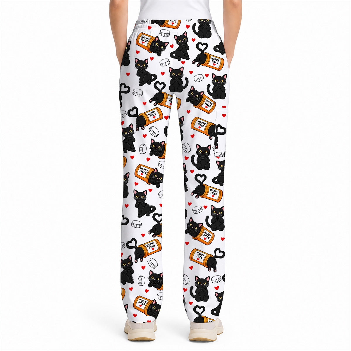 Black Cat Happy Pills Nurse Scrub Top, Funny Pharmacy Cat Scrubs for Nurses, Cute Medical Nursing Uniform Gift