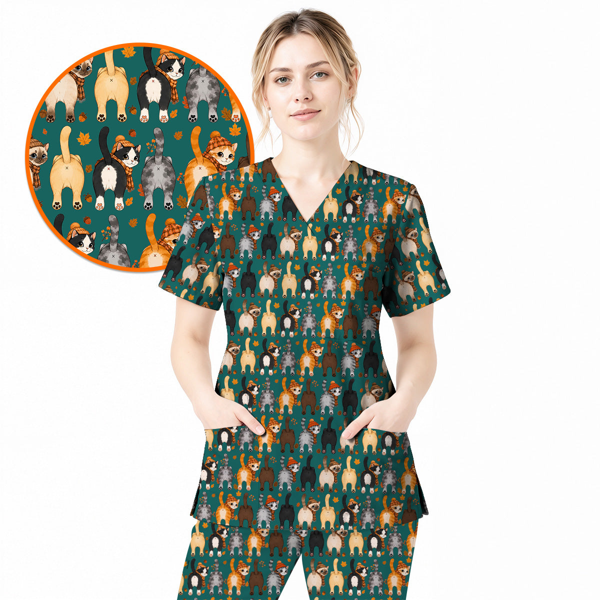Funny Autumn Cat Scrub Top, Cozy Fall Cat Scrubs Nurse for Cat Lovers, Breathable Fabrics Nursing Uniform