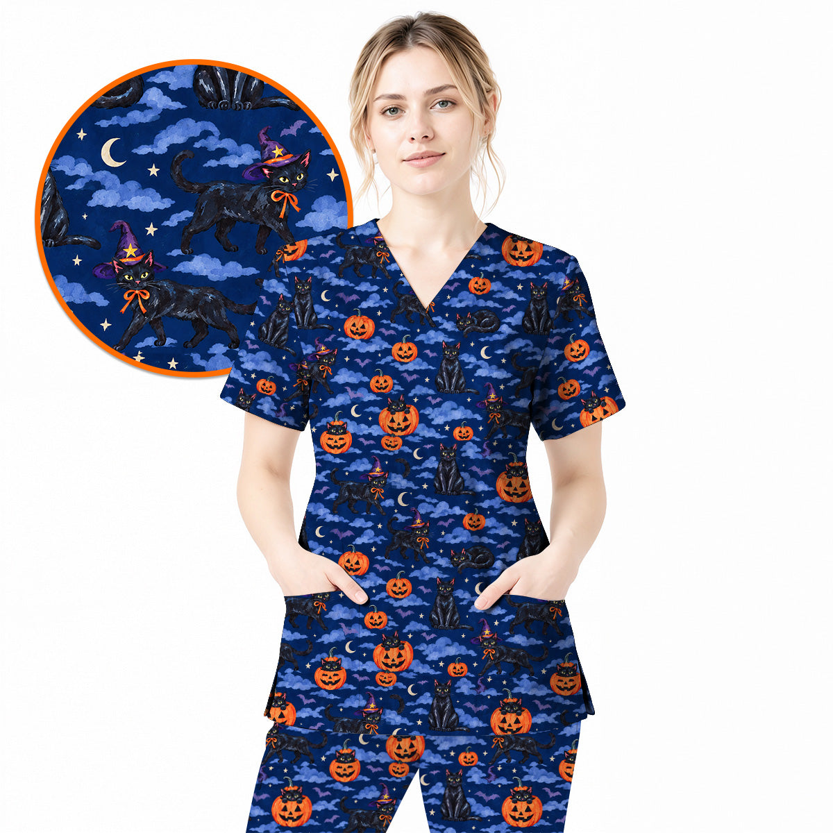 Black Cat Halloween Scrub Top, Witchy Pumpkin Nurse Scrubs, Spooky Season Healthcare Uniform