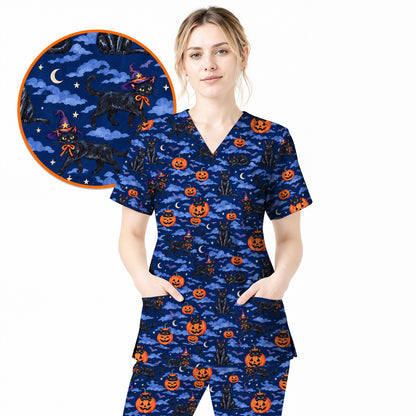 Black Cat Halloween Scrub Top, Witchy Pumpkin Nurse Scrubs, Spooky Season Healthcare Uniform