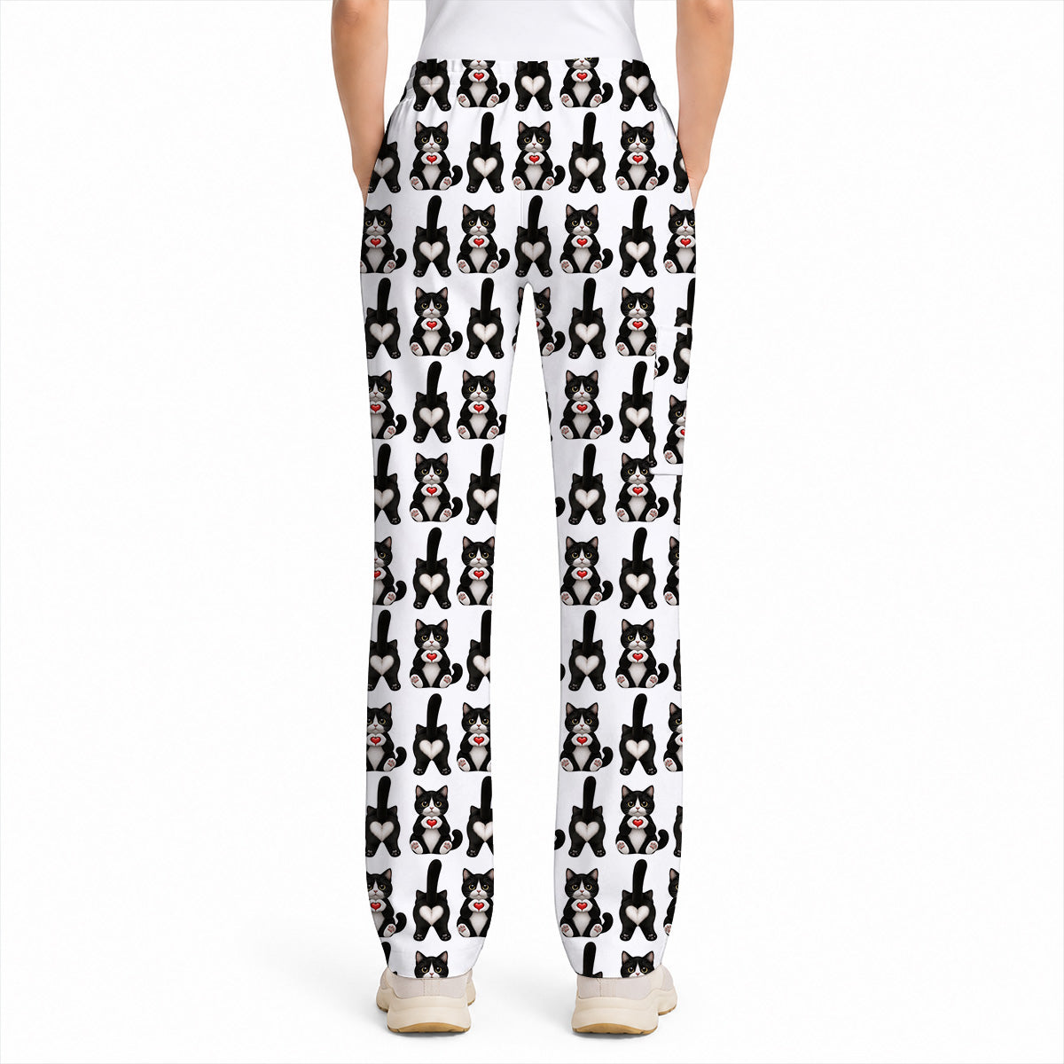 Funny Tuxedo Cat Pattern Scrub Top, Cute Cat Nurse Scrubs, Breathable Fabrics Nursing Uniform