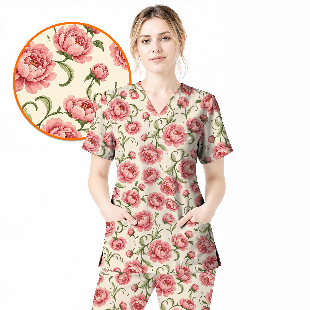 Peony Floral Pattern Scrub Top, Crazy Pink Peony Nurse Scrubs, Breathable Fabrics Nursing Uniform