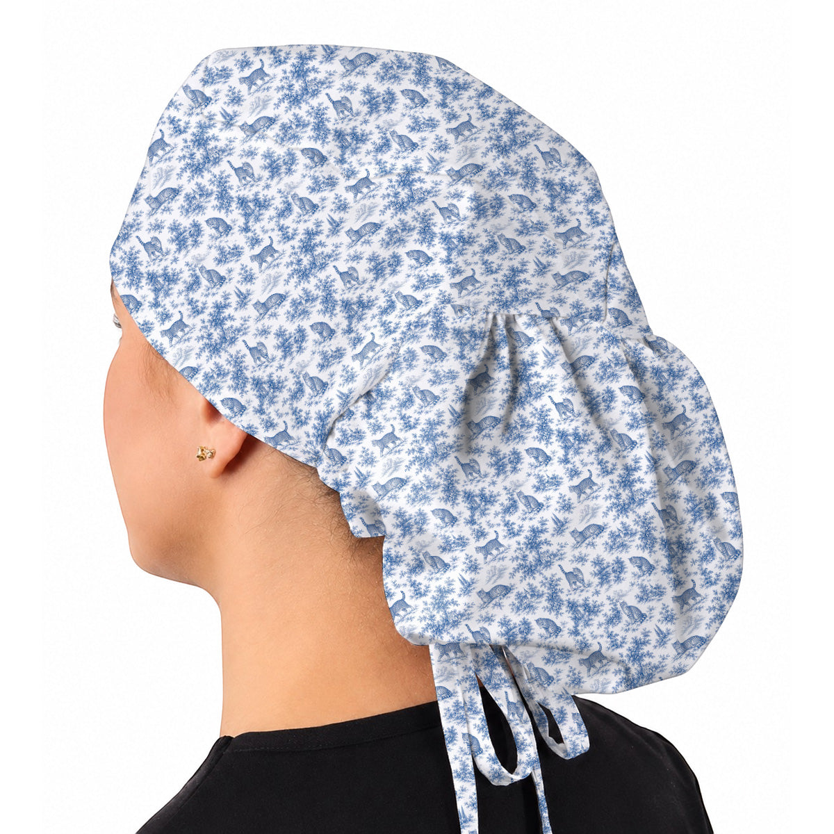 Toile de Jouy Cat Scrub Cap, Crazy Cats Pattern Nursing Caps for Cat Lovers, Vintage Feline Medical Scrubs