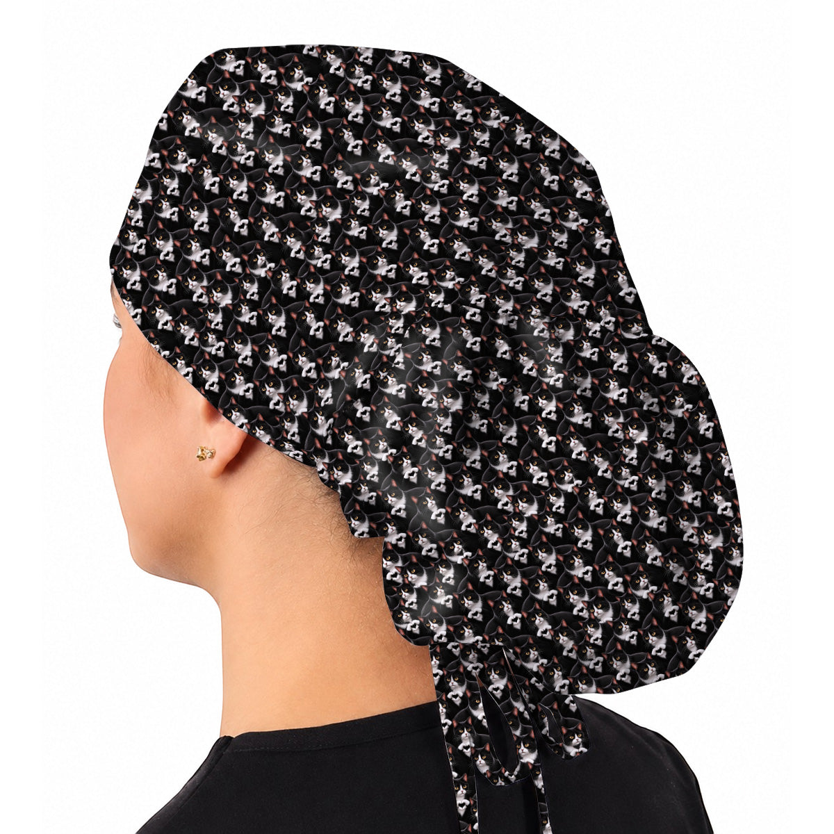 Tuxedo Cat Pattern Scrub Caps, Black And White Cat Nurse Scrubs, Breathable Fabrics Nursing Cap