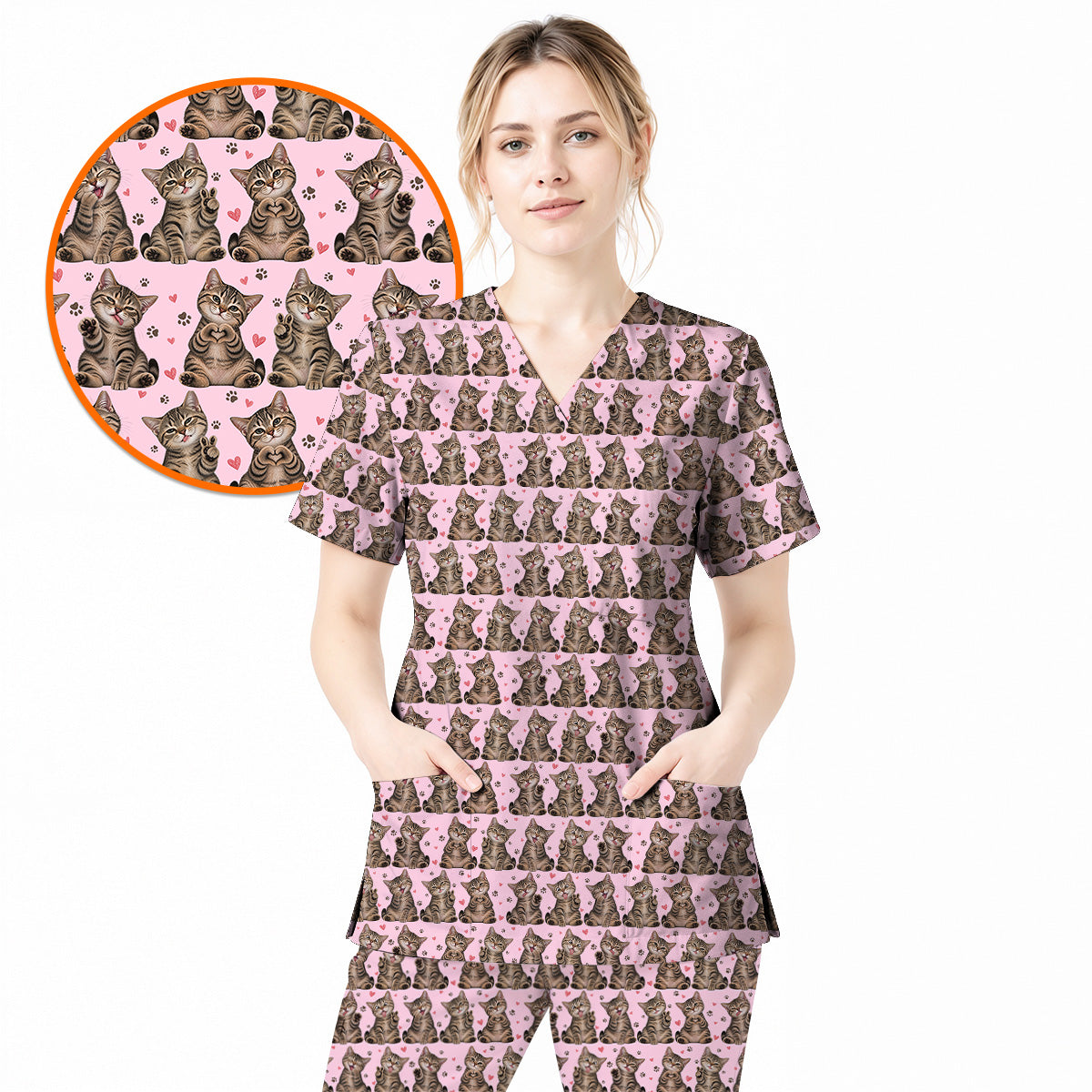 Cute Tabby Cat Pattern Scrub Top, Heart Paw Cat Nurse Scrubs, Breathable Fabrics Nursing Uniform