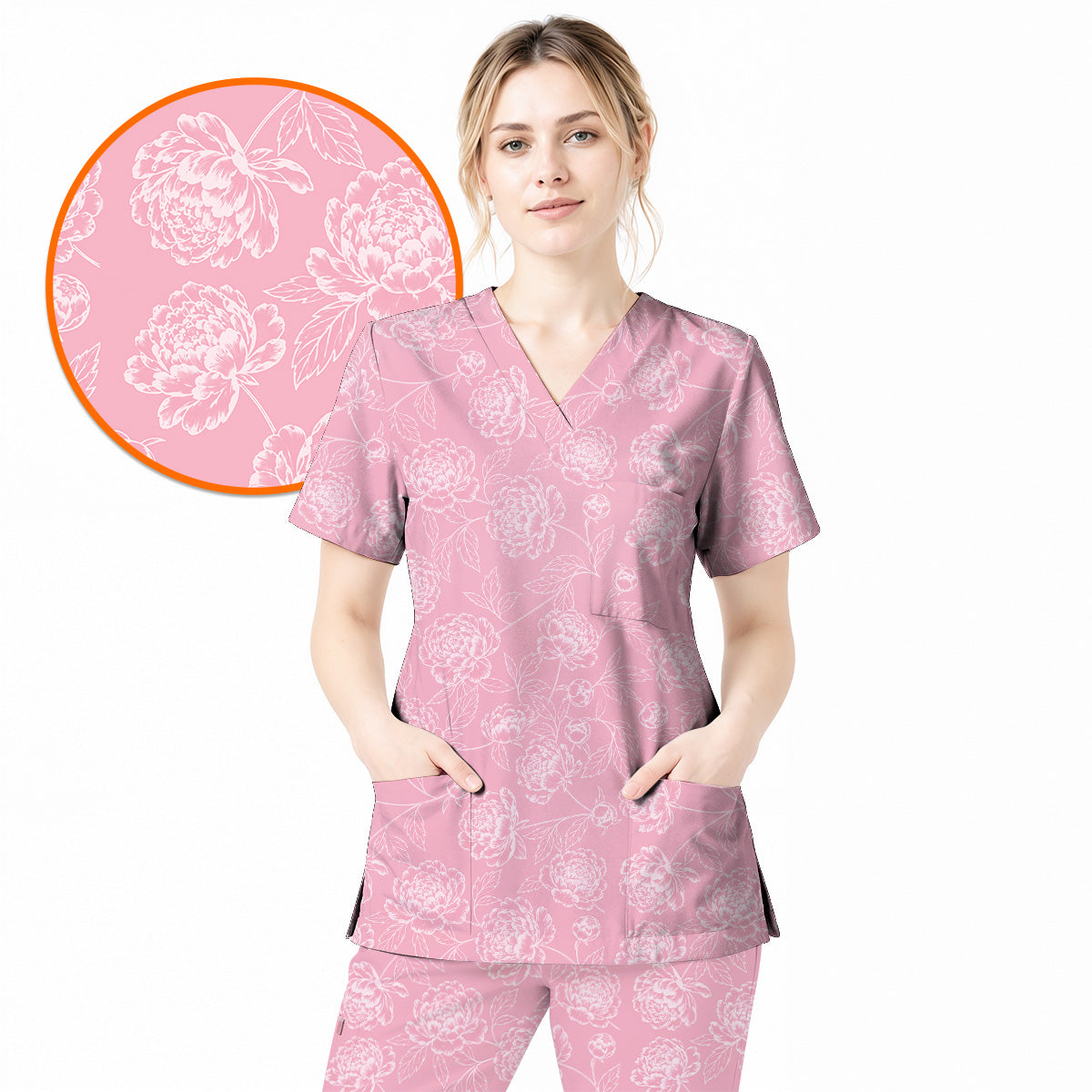 Peony Floral Pattern Scrub Top, Pink Peony Nurse Scrubs, Floral Nursing Uniform