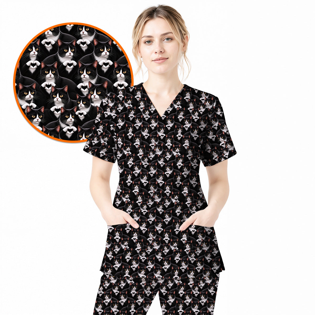 Tuxedo Cat Pattern Scrub Top, Black And White Cat Nurse Scrubs, Breathable Fabrics Nursing Uniform