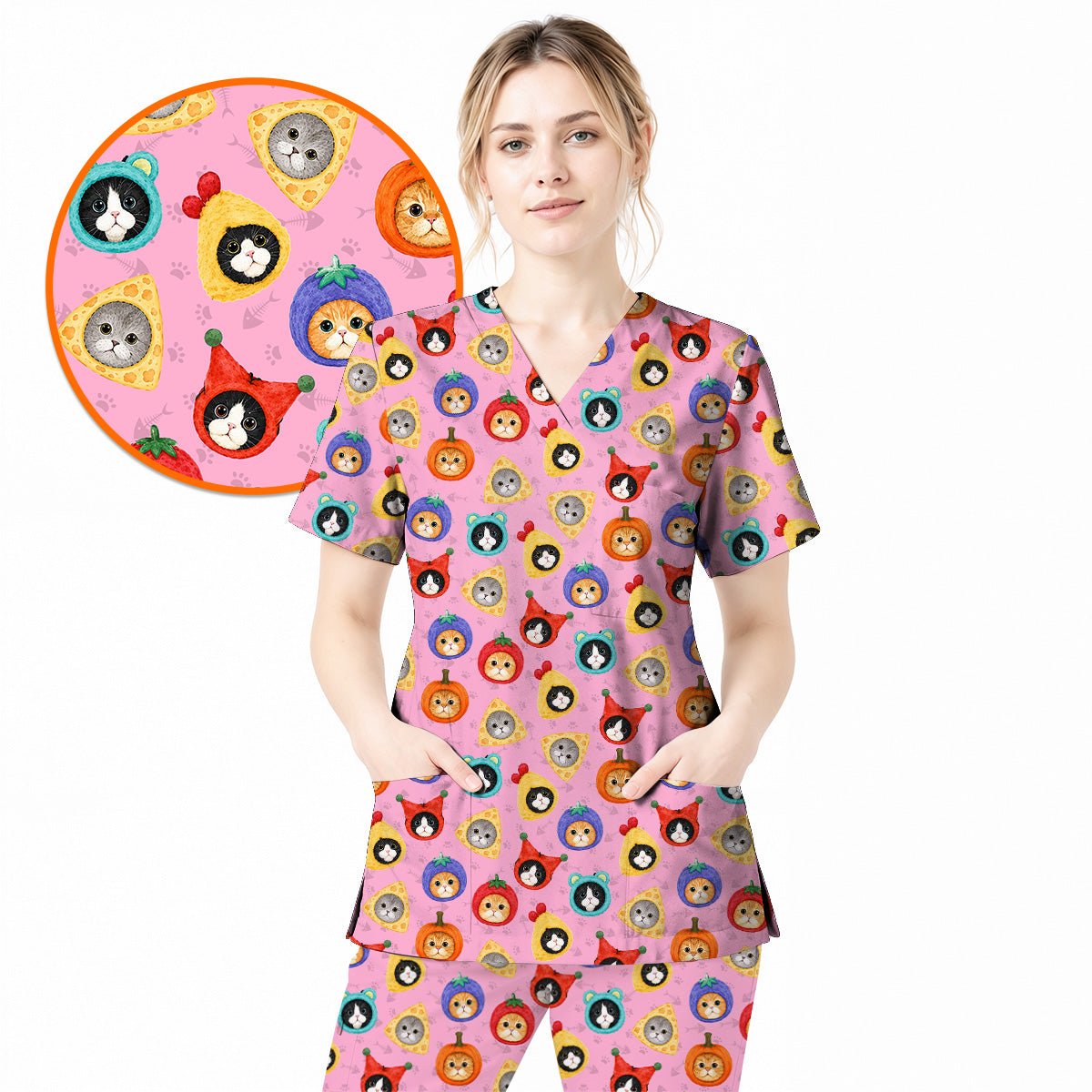 Funny Cat Pattern Scrub Top, Cute Kitty Nursing Uniform for Cat Lovers, Comfortable Medical Scrubs for Nurses