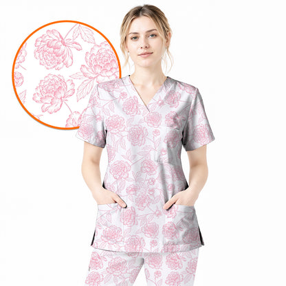 Peony Floral Pattern Scrub Top, Pink Peony Nurse Scrubs, Floral Nursing Uniform