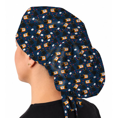 Black Cat Happy Pills Nurse Scrub Caps, Funny Pharmacy Cat Scrubs for Nurses, Cute Medical Nursing Cap Gift