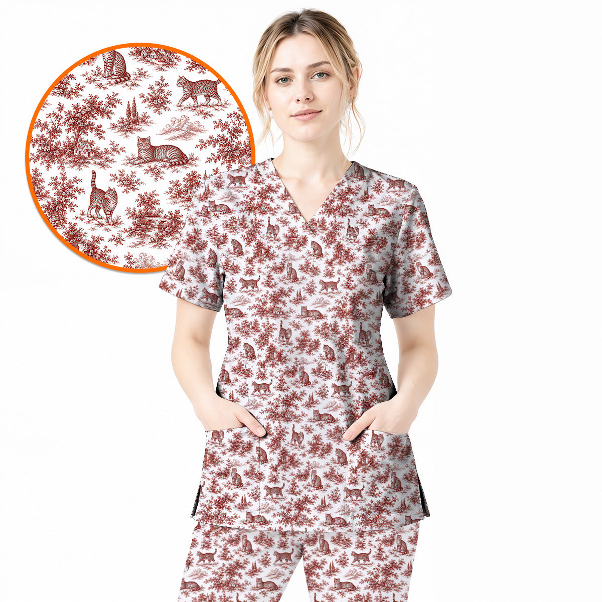 Toile de Jouy Cat Scrub Top, Crazy Cats Pattern Nursing Uniform for Cat Lovers, Vintage Feline Medical Scrubs
