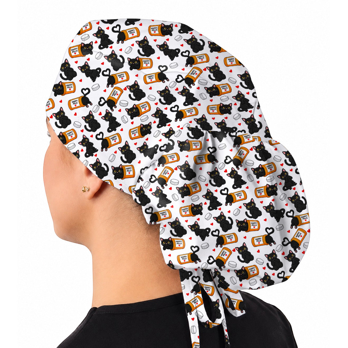 Black Cat Happy Pills Nurse Scrub Caps, Funny Pharmacy Cat Scrubs for Nurses, Cute Medical Nursing Cap Gift