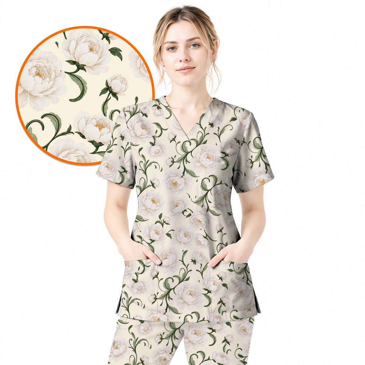 Peony Floral Pattern Scrub Top, Crazy Pink Peony Nurse Scrubs, Breathable Fabrics Nursing Uniform