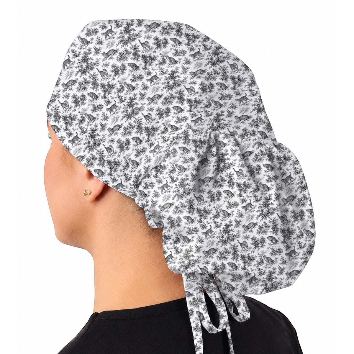 Toile de Jouy Cat Scrub Cap, Crazy Cats Pattern Nursing Caps for Cat Lovers, Vintage Feline Medical Scrubs