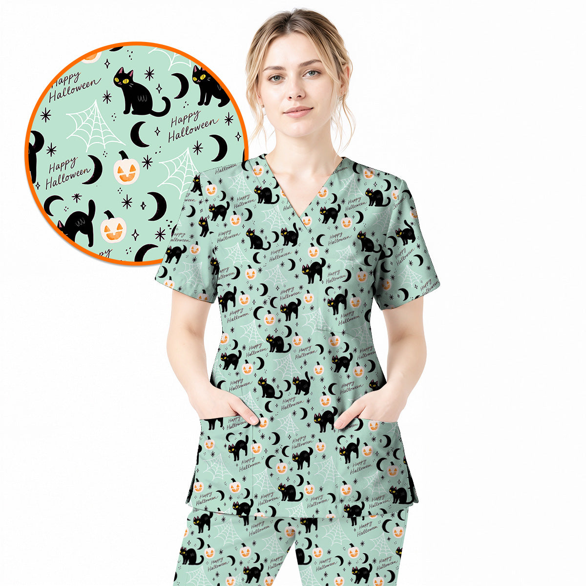 Black Cat Halloween Scrub Top, Cute Pumpkin Nurse Scrubs, Spooky Season Medical Uniform