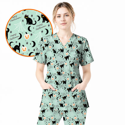 Black Cat Halloween Scrub Top, Cute Pumpkin Nurse Scrubs, Spooky Season Medical Uniform