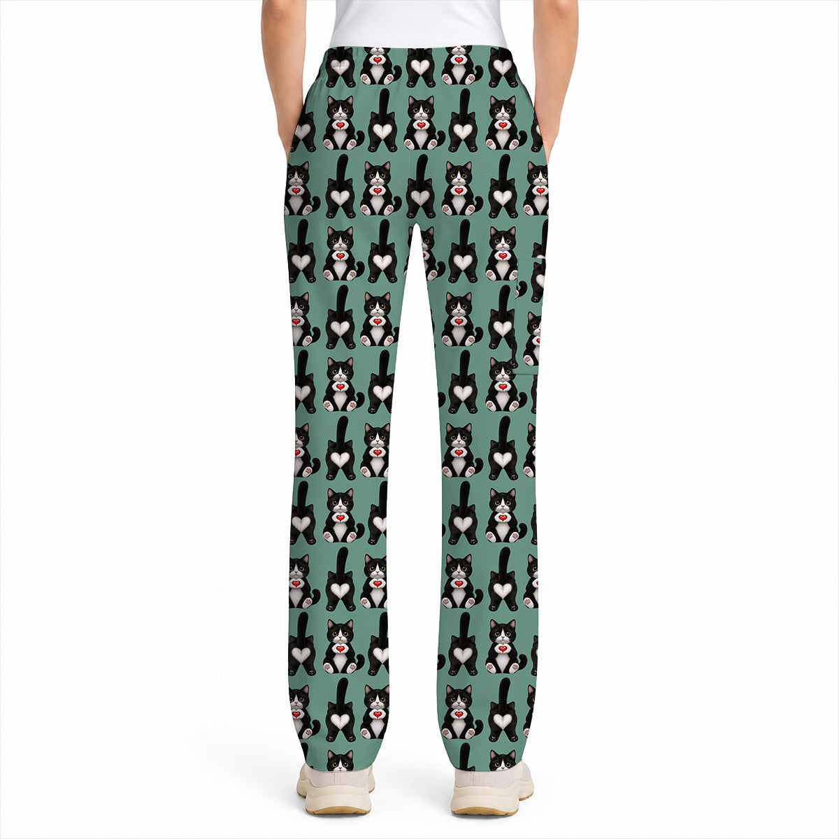 Funny Tuxedo Cat Pattern Scrub Top, Cute Cat Nurse Scrubs, Breathable Fabrics Nursing Uniform
