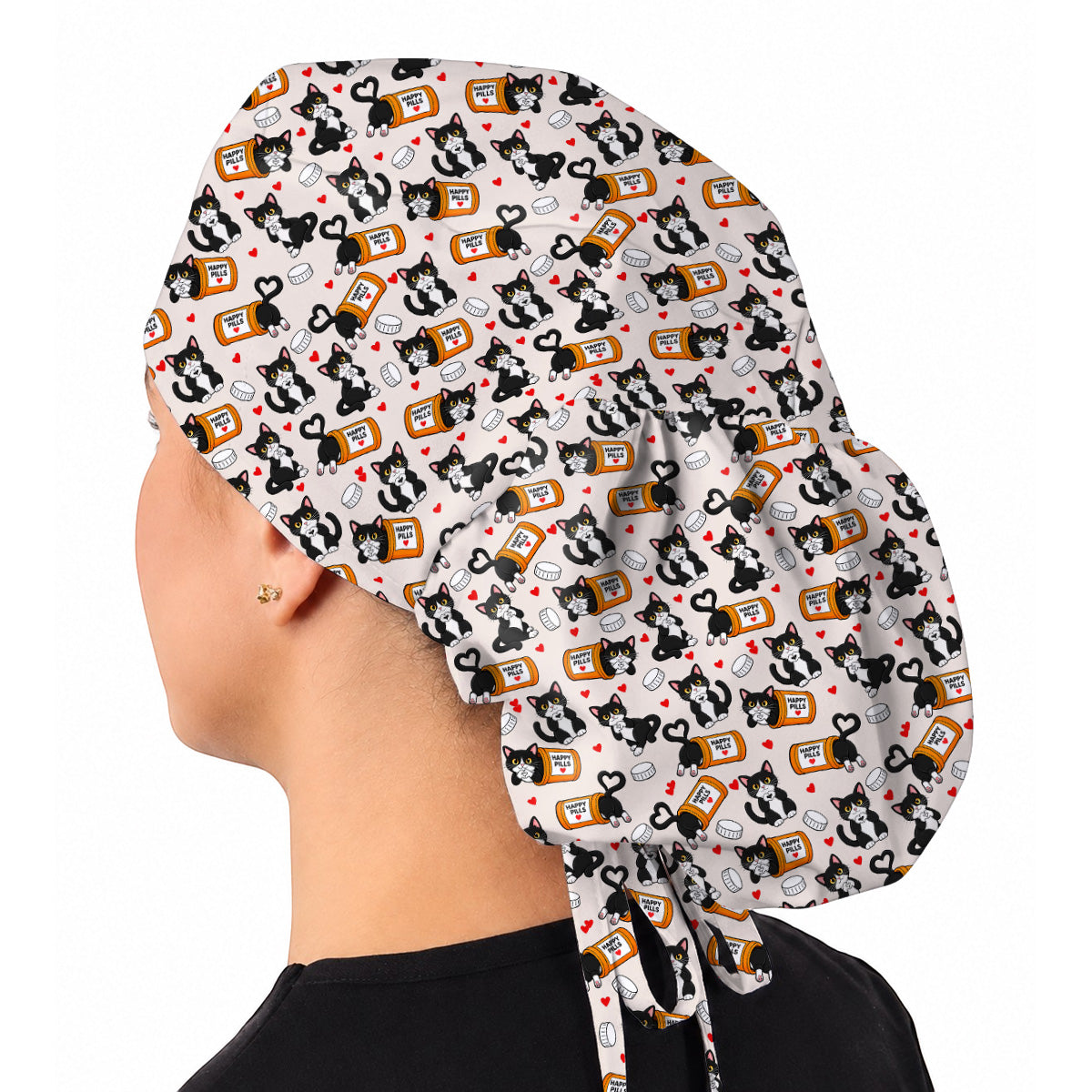 Cute Cat Nurse Scrub Caps, Funny Happy Pills Medical Headwear, Cat Lover Healthcare Cap