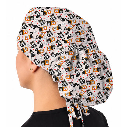 Cute Cat Nurse Scrub Caps, Funny Happy Pills Medical Headwear, Cat Lover Healthcare Cap