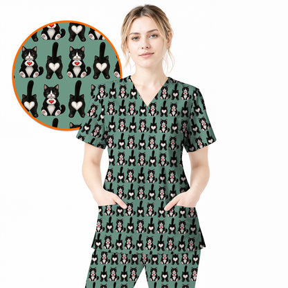 Funny Tuxedo Cat Pattern Scrub Top, Cute Cat Nurse Scrubs, Breathable Fabrics Nursing Uniform