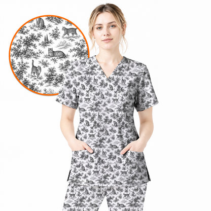 Toile de Jouy Cat Scrub Top, Crazy Cats Pattern Nursing Uniform for Cat Lovers, Vintage Feline Medical Scrubs