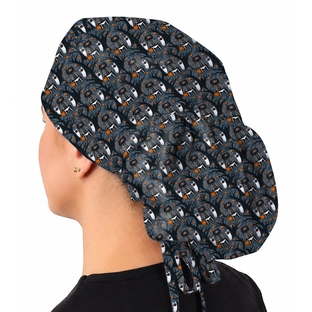 Skeleton Cat Halloween Scrub Caps, Spooky Black Cat Nurse Scrubs, Halloween Medical Cap