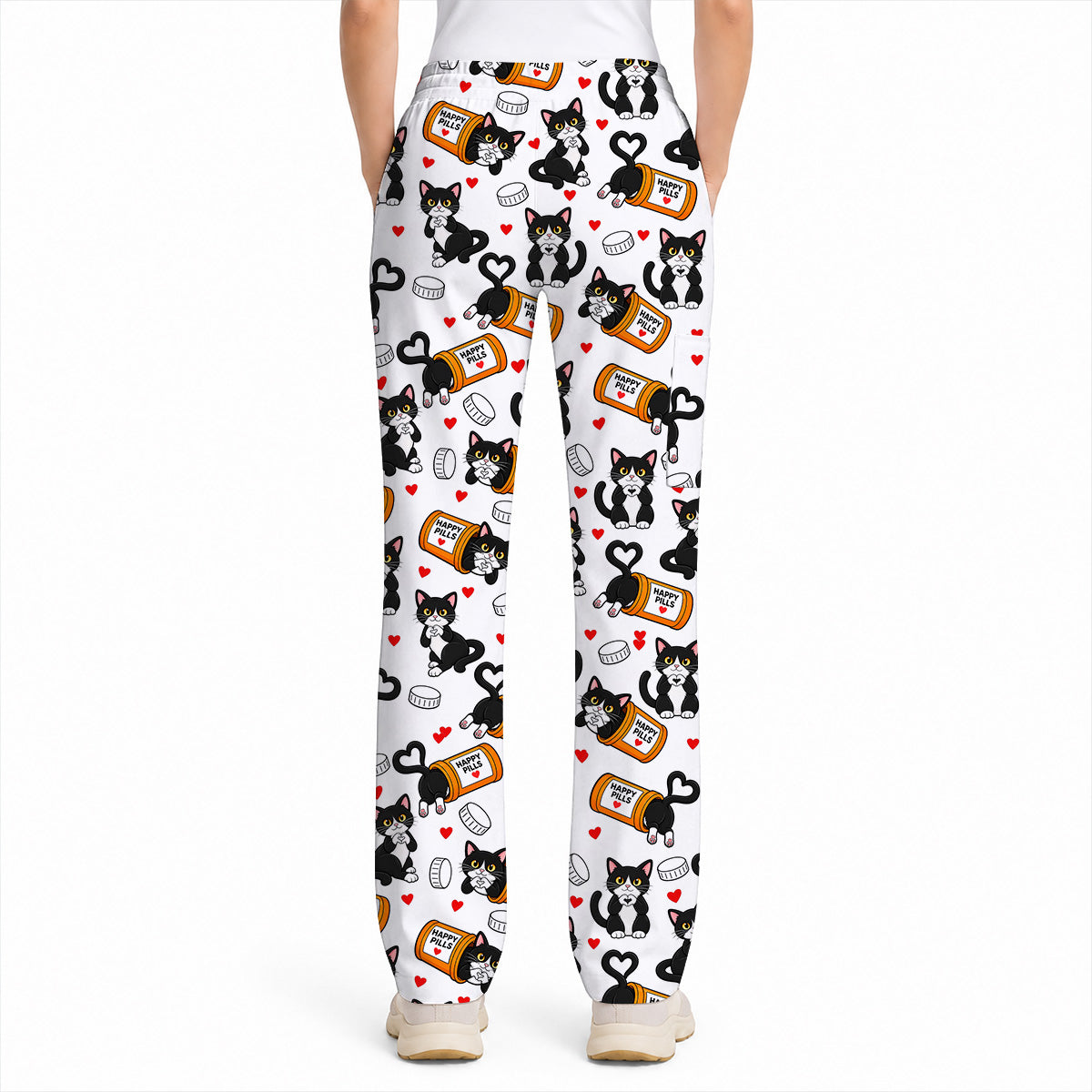 Cute Cat Nurse Scrub Top, Funny Happy Pills Medical Scrubs, Cat Lover Healthcare Uniform