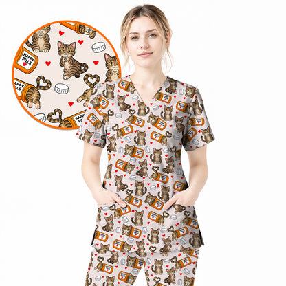 Tabby Cat Nurse Scrub Top, Happy Pills Medical Scrubs, Cute Cat Lover Healthcare Uniform