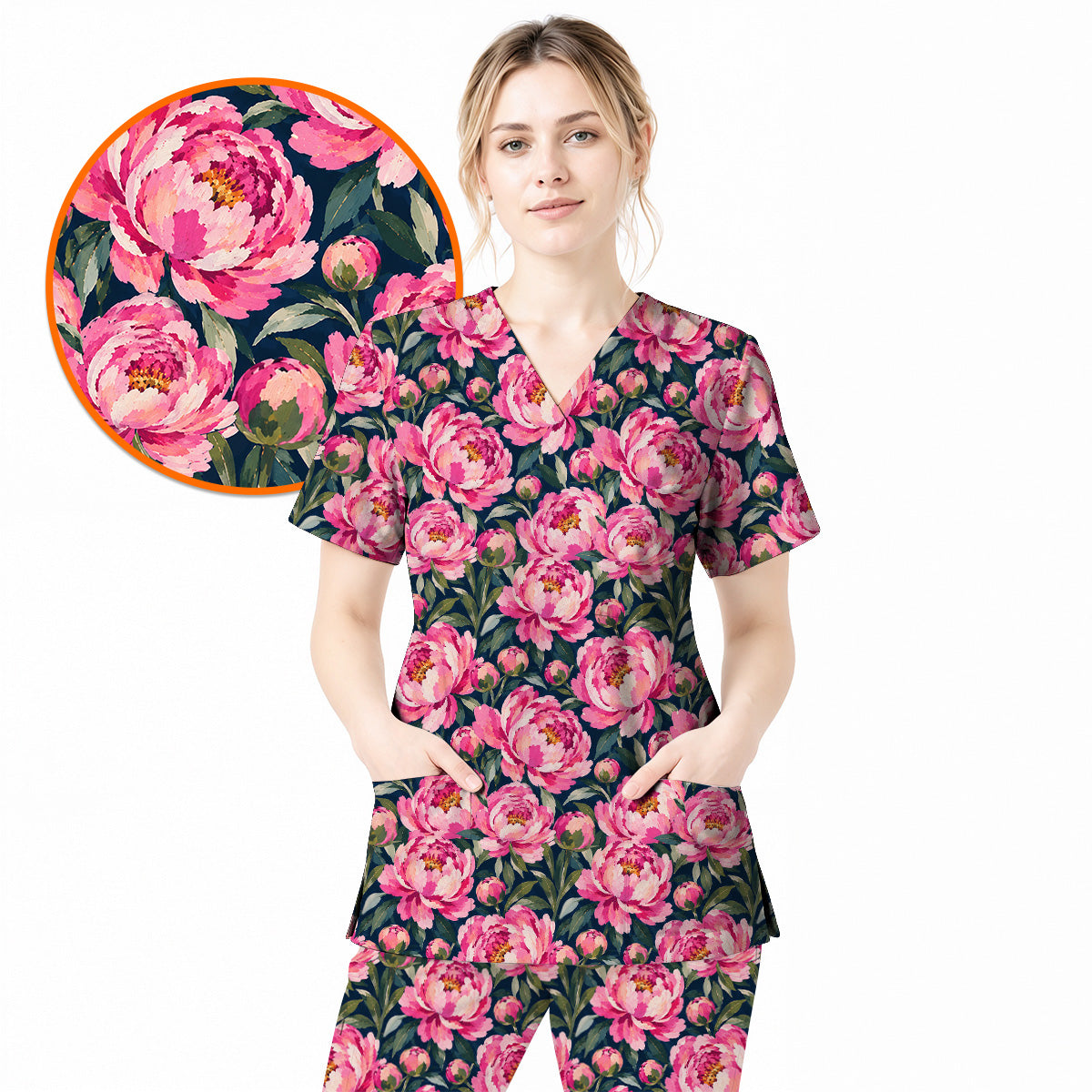 Peony Floral Scrub Top for Women, Pink Peony Nurse Scrub Shirt, Floral Nursing Uniform for Healthcare Workers