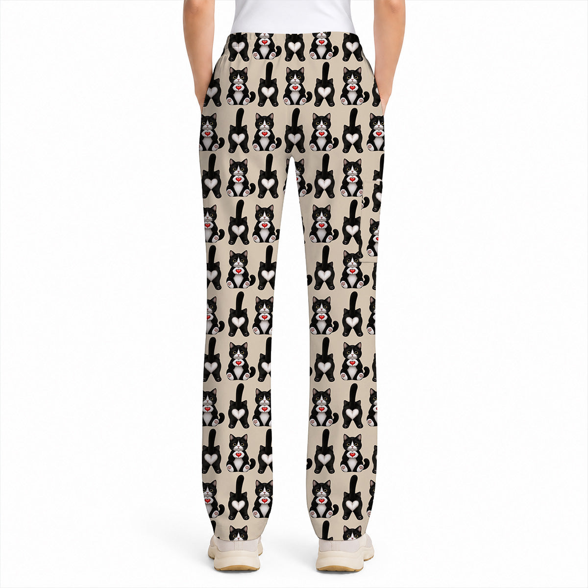 Funny Tuxedo Cat Pattern Scrub Top, Cute Cat Nurse Scrubs, Breathable Fabrics Nursing Uniform