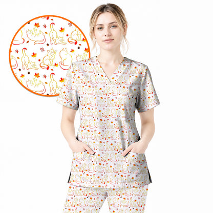 Autumn Black Cat Scrub Top, Fall Cat Nursing Uniform for Cat Lovers, Comfortable Feline Medical Scrubs For Nurse