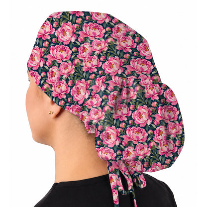 Peony Floral Scrub Caps for Women, Pink Peony Nurse Scrub Cap, Floral Nursing Headwear for Healthcare Workers