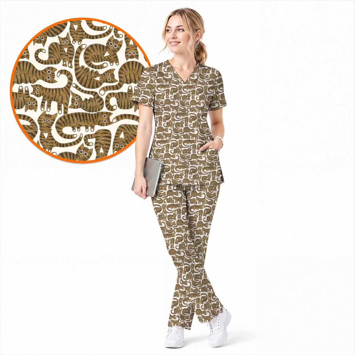 Cute Tabby Cat Pattern Scrub Top, Brown Tabby Cat Nursing Uniform for Cat Lovers, Comfortable Feline Scrubs for Nurses