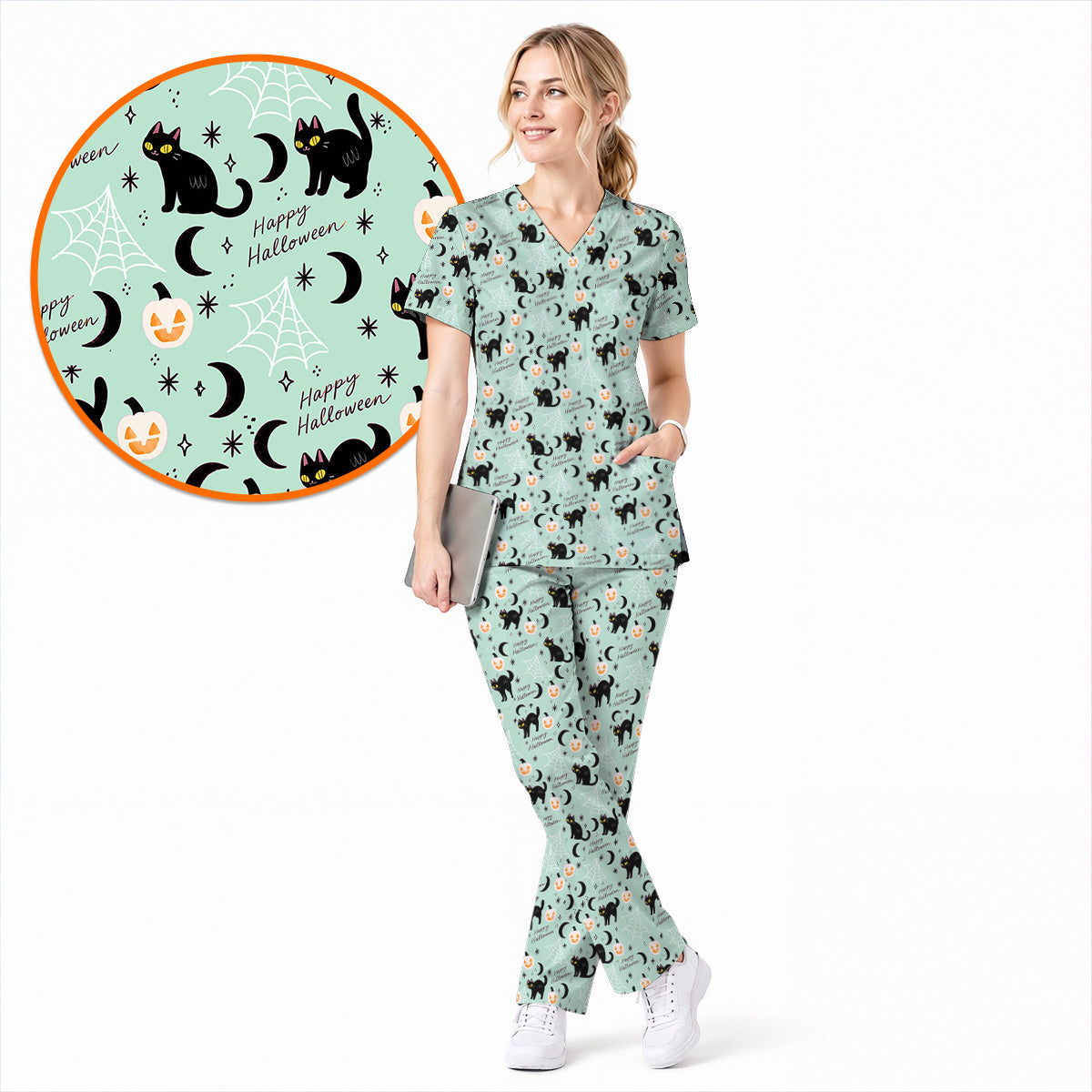 Black Cat Halloween Scrub Top, Cute Pumpkin Nurse Scrubs, Spooky Season Medical Uniform