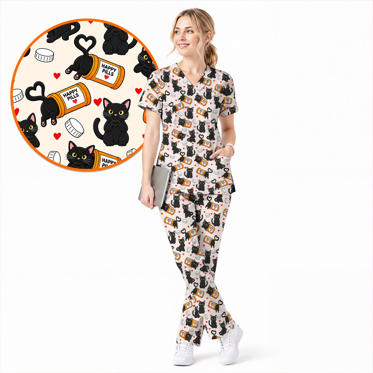Black Cat Happy Pills Nurse Scrub Top, Funny Pharmacy Cat Scrubs for Nurses, Cute Medical Nursing Uniform Gift