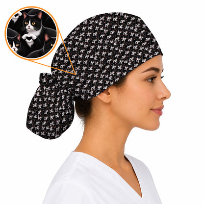 Tuxedo Cat Pattern Scrub Caps, Black And White Cat Nurse Scrubs, Breathable Fabrics Nursing Cap