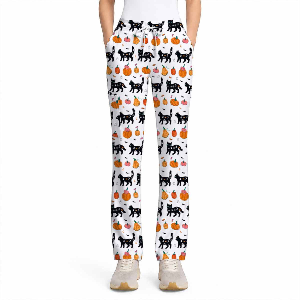 Halloween Black Cat Scrub Top, Pumpkin Cat Print Scrubs, Spooky Nurse Uniform