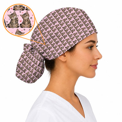 Cute Tabby Cat Pattern Scrub Caps, Heart Paw Cat Nurse Scrubs, Breathable Fabrics Nursing Cap