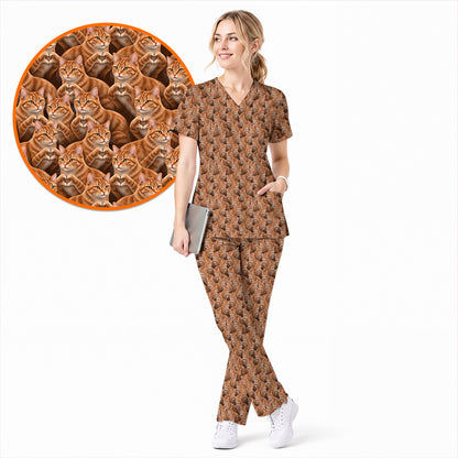Orange Tabby Cat Pattern Scrub Top, Ginger Cat Nurse Scrubs For Cat Lover, Breathable Fabrics Nursing Uniform