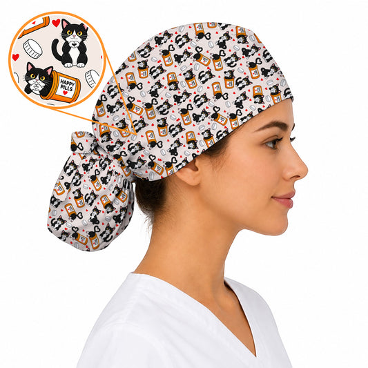Cute Cat Nurse Scrub Caps, Funny Happy Pills Medical Headwear, Cat Lover Healthcare Cap