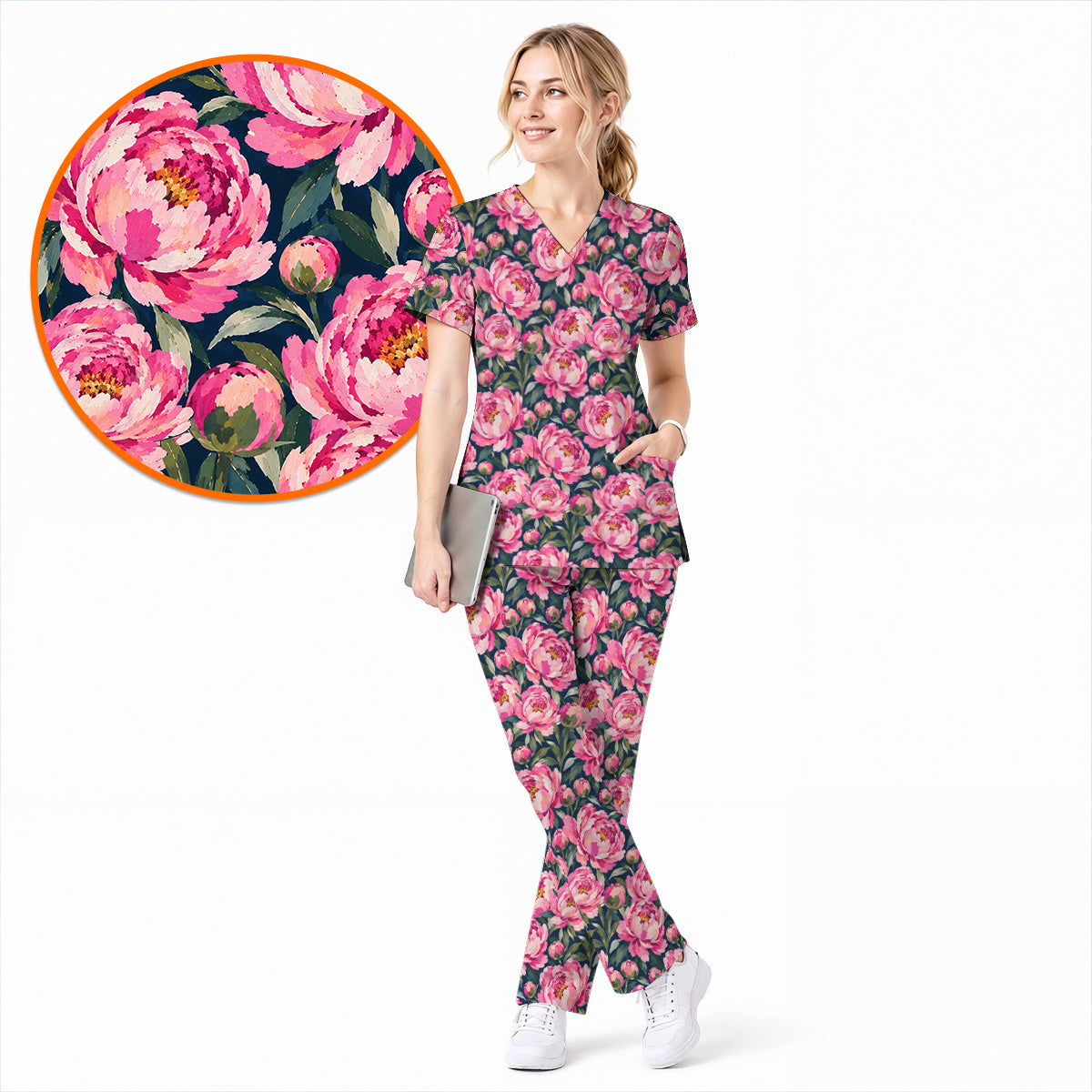 Peony Floral Scrub Top for Women, Pink Peony Nurse Scrub Shirt, Floral Nursing Uniform for Healthcare Workers