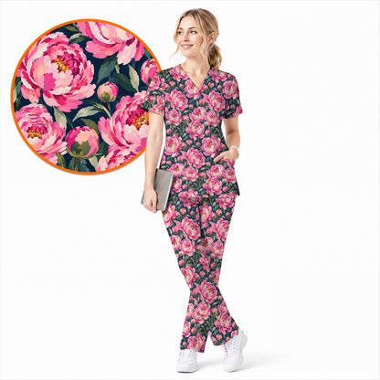 Peony Floral Scrub Top for Women, Pink Peony Nurse Scrub Shirt, Floral Nursing Uniform for Healthcare Workers